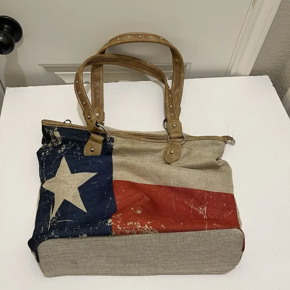 Montana West Texas Pride Painted Tote Bag Tan Studded Double Handles Western